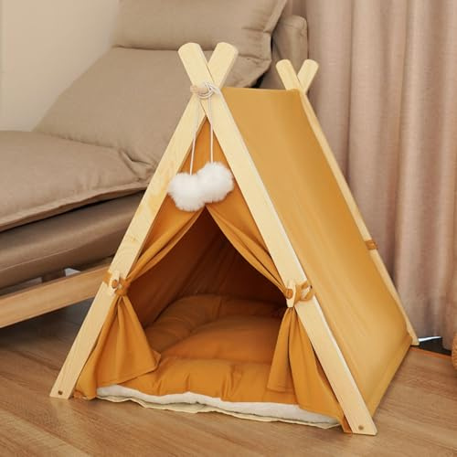 Cat Tent & Dog Tent, Wooden Triangular Cat House for Indoor Cats, Summer Pet Bed Tent with Soft Cushion, Removable Door Flap, Cozy Indoor Shelter for Cats & Dogs 60×55×63 CM - Yellow