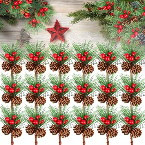 Powmag 20 Stück Künstliche Tannenzweige mit Beeren, Tannenzapfen Weihnachtsdeko Set, Künstliche Tannenzapfen, Künstliche Tannenzweige für Weihnachtskranz Adventskranz Türkranz Weihnachtsbaumschmuck