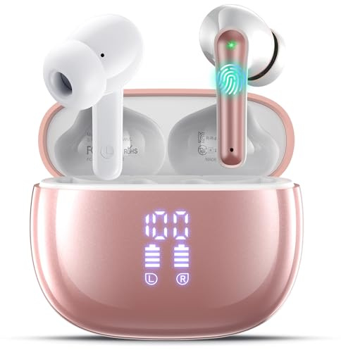 ZIUTY Wireless Earbuds, Bluetooth 5.4 Ear Buds with HiFi Stereo Deep Bass | 4 ENC Noise Cancelling Mic, 48H Playtime LED Display, IPX7 Waterproof, Deep Bass Stereo for Running, Gym & Gaming, Rose Gold
