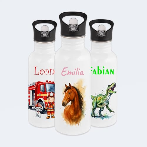 Gravur-Max Kinder Trinkflasche 600 ml personalisiert - Pferd - auslaufsichere Edelstahl Trinkflasche mit Trinkhalm & Klappdeckel – BPA-frei, leicht & robust – mit Namen bedruckt - Weiß