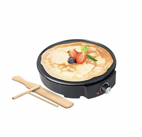 Piastra per Crepes Antiaderente 1200W con Spatola e Rullo in Legno, Temperatura Regolabile, Superficie in Alluminio