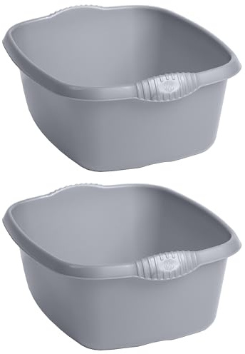 Washing Up Bowl with Integral Handles – High Gloss Durable Plastic Kitchen Sink Bowl – 39cm Rectangular (12L) – Silver – Pack of 2