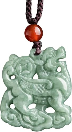 Cherrii Pendentif de richesse en jadéite de glace verte de haricot naturel Qilin, collier de jade de fortune unisexe for hommes et femmes