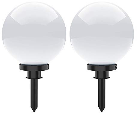 Kugelleuchte aussen, Gartenlampe 2er Set, Ø20cm, weiß | Außenleuchte spritzwassergeschützt | Gartenleuchte, E27-Fassung | Kugellampe mit Erdspieß