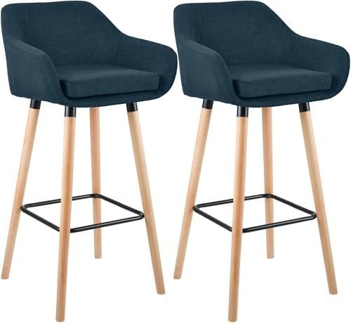 CLP Barhocker 2er Set gepolstert mit Lehne Grant, Barstuhl mit Stoffbezug, Gestell aus Holz bis 150 kg belastbar | Farbe blau