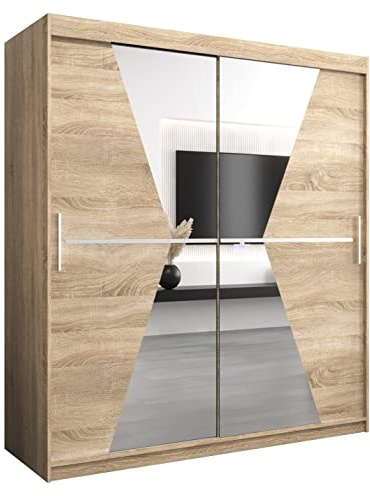 MEBLE KRYSPOL Maroko 180 Schlafzimmerschrank mit Zwei Schiebetüren, Spiegel, Kleiderstange und Regalen – 180x200x62cm - Sonoma