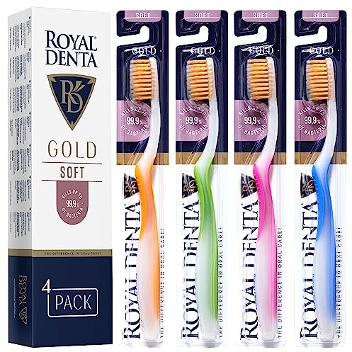 Royal Denta Soft Toothbrushes Multipack for Adults, Dual Length Gold Infused Soft Bristles for Sensitive Teeth & Gums, Interdental Cleaning & Flossing Tooth Brush Set, Pack of 4 (Multi-Colour)