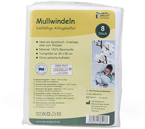 GRÜNSPECHT Mullwindeln 80x80cm aus 100 % Baumwolle, Spucktücher, ohne optische Aufheller, hautfreundlich & saugstark, 8 Stück, weiß (598-00)