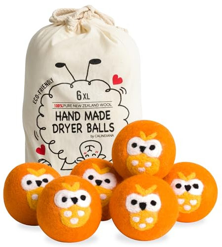 Calindiana 100% Organic Premium New Zealand Wool Dryer Balls Laundry Reusable Fabric Softener, Cute Dryer Sheets Alternative, Anti Static XL Size 6 Pack, Orange Owl