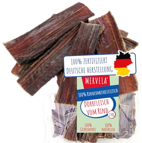 MERVELA® Dörrfleisch für Hunde 2 kg | 100% Rind | Natürlicher Kausnack | 100% Rindfleisch | Natürlich getrocknet | Ohne künstliche Zusätze | Made in Germany