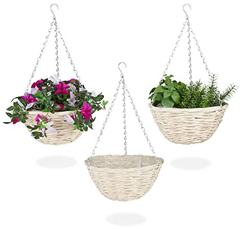 Relaxdays Blumenampel, 3er Set, Rattan Korbgeflecht, handgefertigt, Folie, Eisenkette, Hängetopf HxD: 15 x 30 cm, Natur