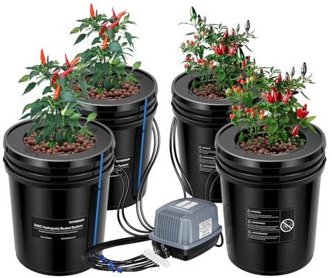 VIVOSUN Sistema de Cultivo Hidropónico DWC, Cultura de Agua Profunda de 5 Galones, Sistema de Jardín de Goteo Recirculante con Manguera de Aire Multiuso, Bomba de Aire y Piedra de Aire (Kit de 4 Cubos