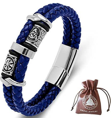 DPGOLDP Wikinger Lederarmband mit Edelstahl Celtic Knot & Vegvisir Runen Perlen Amulett Armbänder für Herren Damen