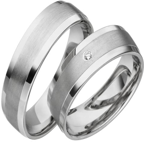 JC Trauringe 925er Sterling Silber Paar-Preis I Eheringe mit kostenfreier Gravur I Partnerringe 6mm breit inkl. Etui I Herren-Ring ohne & Damen-Ring mit einem Diamanten I Größe 48 bis 72 I S046