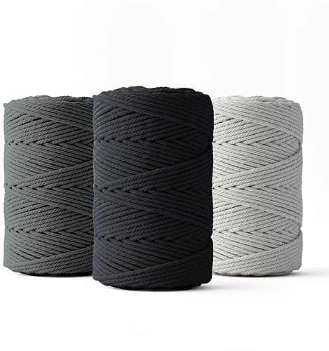 LEDENT Makramee Garn (2mm, 3 x 70M, Mausgrau, Graphit & Schwarz) - Doppelt gedrehtes Seil aus 100% Recycelter Baumwolle zum Basteln