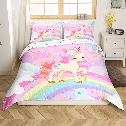 Einhorn Mädchen Bettwäsche Mädchen 135x200cm Rosa Einhorn Regenbogen Bettbezug Kinder Kawaii Nette Cartoon Pferd Bettwäsche Set Galaxy Sterne Magische Tier Zimmer Dekor Bettwäsche mit 1 Kissenbezug