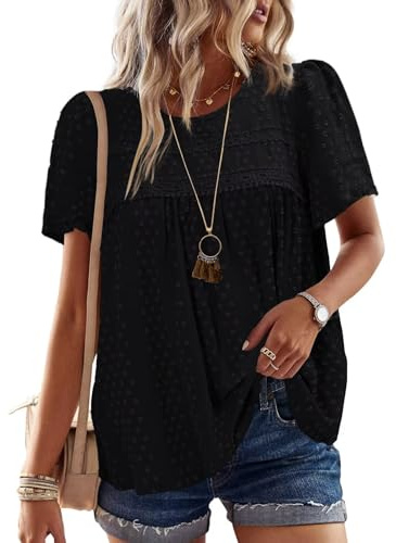 Falechay Plus Size Tops for Women Keyhole Button with Elastic Loop Dressy Casual Crewneck Flowy Blouses Summer Boho Shirts Black 2XL