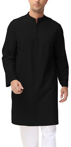 LVCBL Mens Kaftan Thobe Long Sleeve Linen Long Gown Button Up Moroccan Black 3XL