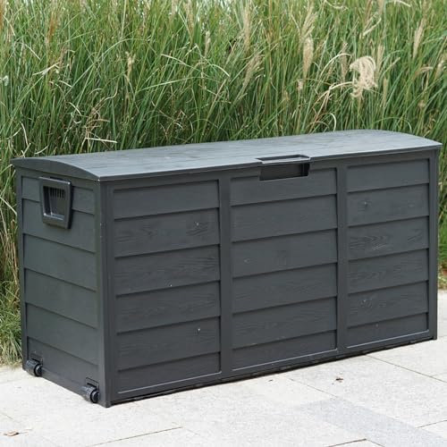Gr8 Garden 300 Litre Black Plastic Storage Box Lid Patio Shed Utility Cushion Chest Wooden Fence Panel Effect Large Truck Indoor Outdoor Furniture