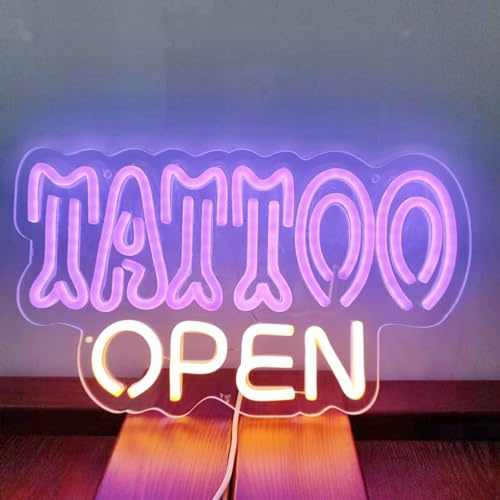 HFHungkeong Lila Tattoo Neonschild Warmweißes Offenes LED Neonlicht mit Dimmbarem Schalter Arylic Tattoo Shop Schild, Leuchtendes Banner für Tattoo Salon Studio Ladenschild,35x20CM