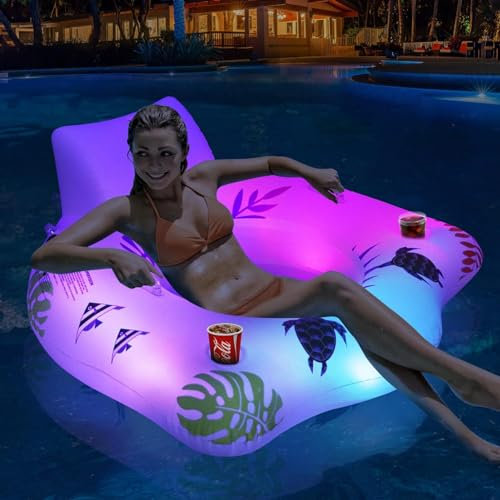 Inflatable Pool Floats Chair With Color Changing Light - Water Floats For Adults With 2 Cup Holders & 2 Armrests, Water Float Hammock, Beach Float Pool Sofa 47x47 Inch