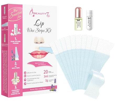Bandas de Cera Fría Depilatoria Facial de Labio Superior (Bigote) para Pieles Sensibles, 20 Tiras de Cera con Polvo de Perla Aceite Esencial de Manzanilla