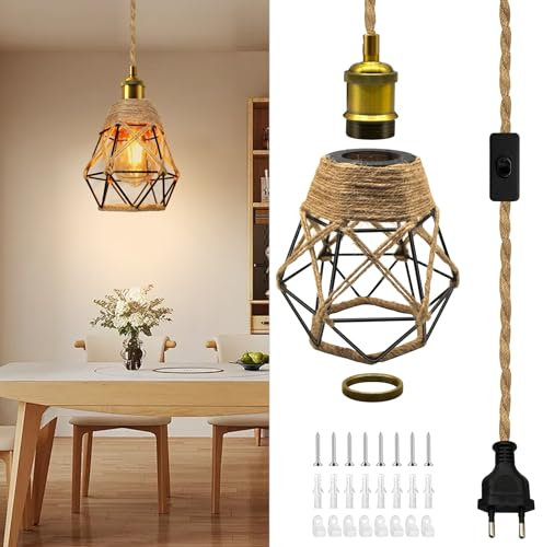 Suspension Luminaire en Laiton Vintage, Lustre Cage en Métal Noir avec Corde Chanvre Câble 5.1M, Douille E27 avec Interrupteur,DIY Lampe Suspendue Industrielle Pour Salon Chambre Cuisine,8 Fixations