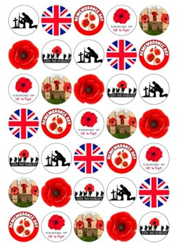 35 x Remembrance Day Party Pack Edible Wafer or Icing Cupcake Toppers Party Cake Decorations Perfect For Brownies Cookies Muffins & More! (Premium Icing Sheet)