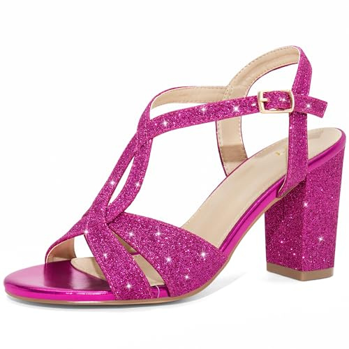 Perphy Women Glitter Sparkly Chunky Heel Ankle Strap Open Toe Sandals | Crisscross slingback design. 3.3-inch heel height. Great for party and wedding. Sparkly glitter finish