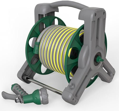 Garden Hose Reel 25M (ø 15 mm), 2-in-1 as Free Standing or Wall Mounted Garden Hose, Complete with Hose Guide, Nozzle and Fittings, Robust Frame for Stability, Compact Hose Reel Flexibility Use