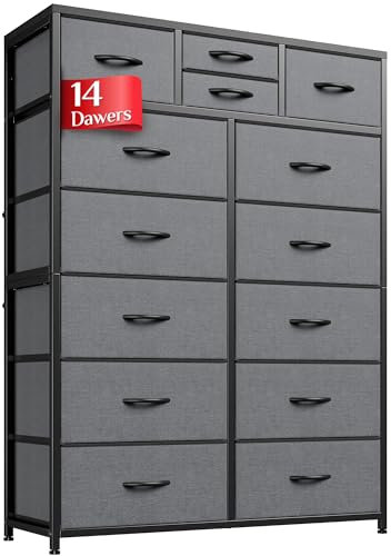 EnHomee Chest of Drawers Bedroom, 14 Fabric Drawers, 132 H (CM) Tall Bedroom Chest of Drawers Dresser, Wooden Top & Metal Frame, Large Storage Drawers for Closet,Living Room, Hallway