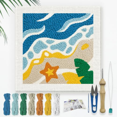 DOODLREAM Beach DIY Punch Needle Stickset Für Erwachsene Und Anfänger 24cm Sommer Meereswellen Stanz Und Nähset Für Anfänger Mit Rahmen Stoffmuster Einfädler Garn Punchneedle
