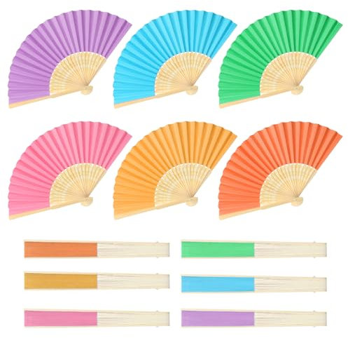 Bamboo Folding Fan Set, 6 Pcs Colorful Handheld Fans with Sandalwood and Paper, Vintage Wooden Fan for Weddings Parties and DIY Decorations, Chinese and Japanese Style Fans for Cooling and Decor