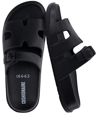 CUSHIONAIRE Orbit Waterproof EVA Womens Sandals -Comfortable Summer Slip On Slides for Women with Adjustable Buckle Strap, BLACK 7