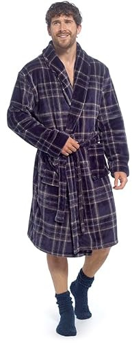 kraftd Mens Bathrobe Soft Warm Fleece Dressing Gown Plaid Style Shawl Collar Nightwear Robe for Men