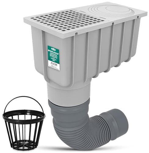 Millto Desagüe de Tubería de Lluvia Canalón Sumidero 110/125 mm Drenaje de Canalones Patio Rejilla Pluvial Caja Colectora Rejilla Extraíble Y Tubo Flexible 340‑400 mm Gris