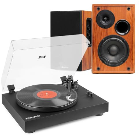 Audizio RP340 Vinyl Record Player System with Wood Bluetooth Bookshelf Speakers, Audio Technica Cartridge, HiFi Phono Preamp, Adjustable Speed, Remote, RCA – Complete Home Audio Solution