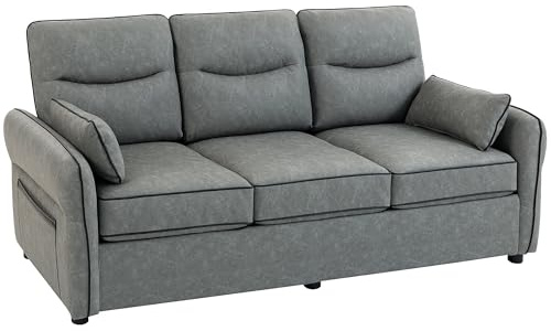 HOMCOM 3 Seater Sofa, Modern Couch with Thick Cushion, High-Resilience Foam, Side Pockets, Quick Assembly, Pillows, Faux Leather Sofa for Living Room, Bedroom, Home Office, Grey