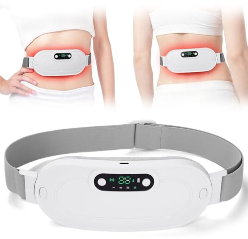 HOTUT Menstruationsvärmedyna, USB elektrisk uppvärmningsbälte, månadsdyna med 3 värmenivåer och 4 massagelägen, trådlös värmepanna för kvinnor, vit
