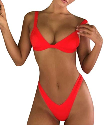 DAY8 Maillot de Bain 2 Pièces Femme Taille Haute String Sexy Sport Pas Cher Bikini Grande Taille Push UP Brésilien Tankini Shorty Vintage Swimwear Fille Plage Piscine (S, Rouge)