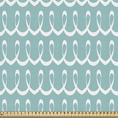 ABAKUHAUS Türkis Gewebe als Meterware, Festliche Gebogene Linien, Schön Gewebten Stoff für Polster und Wohnaccessoires, 1M (148x100cm),Hellblau und Weiß