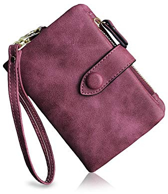 PofeeXIO Womens Small Bifold Leather Wallets RFID Ladies Wristlet with Card Slots id Window Zipper Coin Purse (Purple)