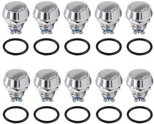 QitinDasen 10Pcs Premium 12mm Metal Momentary Push Button Switch, 2 Pin Screw Terminal IP65 Waterproof Push Button Start Switch, Round Head Push Button (Silver)