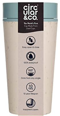 Circular and Co Mark I Model (PRE 2024) Reusable Coffee Cup 12oz/340ml - The World's First Travel Mug Made from Recycled Coffee Cups, 100% Leak-Proof (Cream & Faraway Blue)