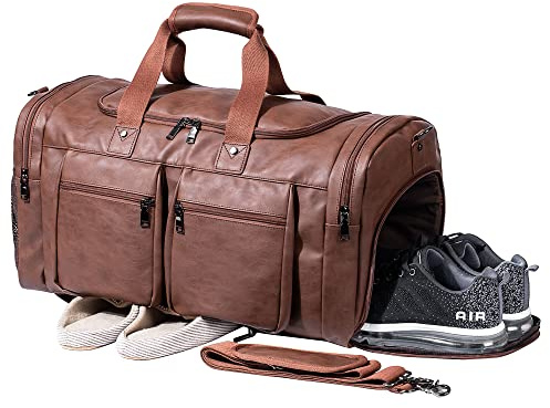 Weekender Bag with Shoe Compartment, Waterproof Pu Leather Overnight Bag Weekender Bag Mens Travel Duffle Bag Large Carry on Bag Travel Tote Duffel Bag for Men or Women-Brown