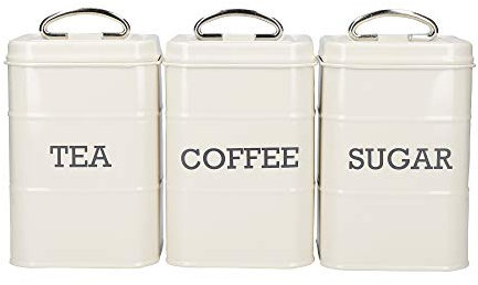 KitchenCraft Living Nostalgia Set di 3 Barattoli in Metallo, 1 x Tè, 1 x Caffè, 1 x Zucchero, Confezione Regalo Inclusa, Crema (Antica), 11 cm x 11 cm