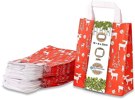 BIOZOYG Papiertragetaschen mit Flachhenkel 80g 18+8x22cm 'Elch' I feste Papier Tüten Kraftpapier I Geschenktüten groß Give Aways Party Tüten I Papierbeutel Blockboden 250 Papiertaschen weiß