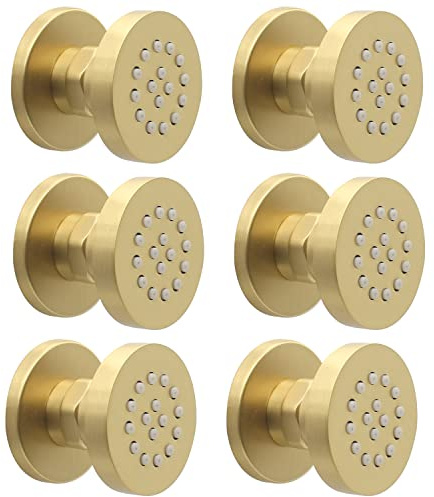 Brass Round Shower Body Spray Jets 6 Pack, HOMEDEC Spa Massage Nozzle 2inch Rain Showerhead Wall Mount Rainfall Shower Head Sprayer, Brushed Gold