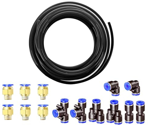 HUAZIZ 10 Meter PU Pneumatikschlauch Pneumatic Polyurethane Schlauch Flexibel Druckluftschlauch Außen 12mm x Innen 8mm Black, mit Pneumatikverbinder Air Push-Schnellkupplungen (Y/T/L/I förmig)