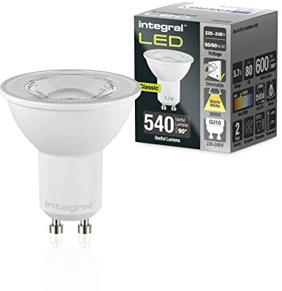 Integral LED 5 PACK GU10 Warmweiß 3000K, 600LM, 5,7W (entspricht 75W) Dimmbare Lampe - Energieeffizient & Ideal für Spotlights & Downlights in Badezimmern, Küchen, Wohn-, Ess- & Schlafzimmern
